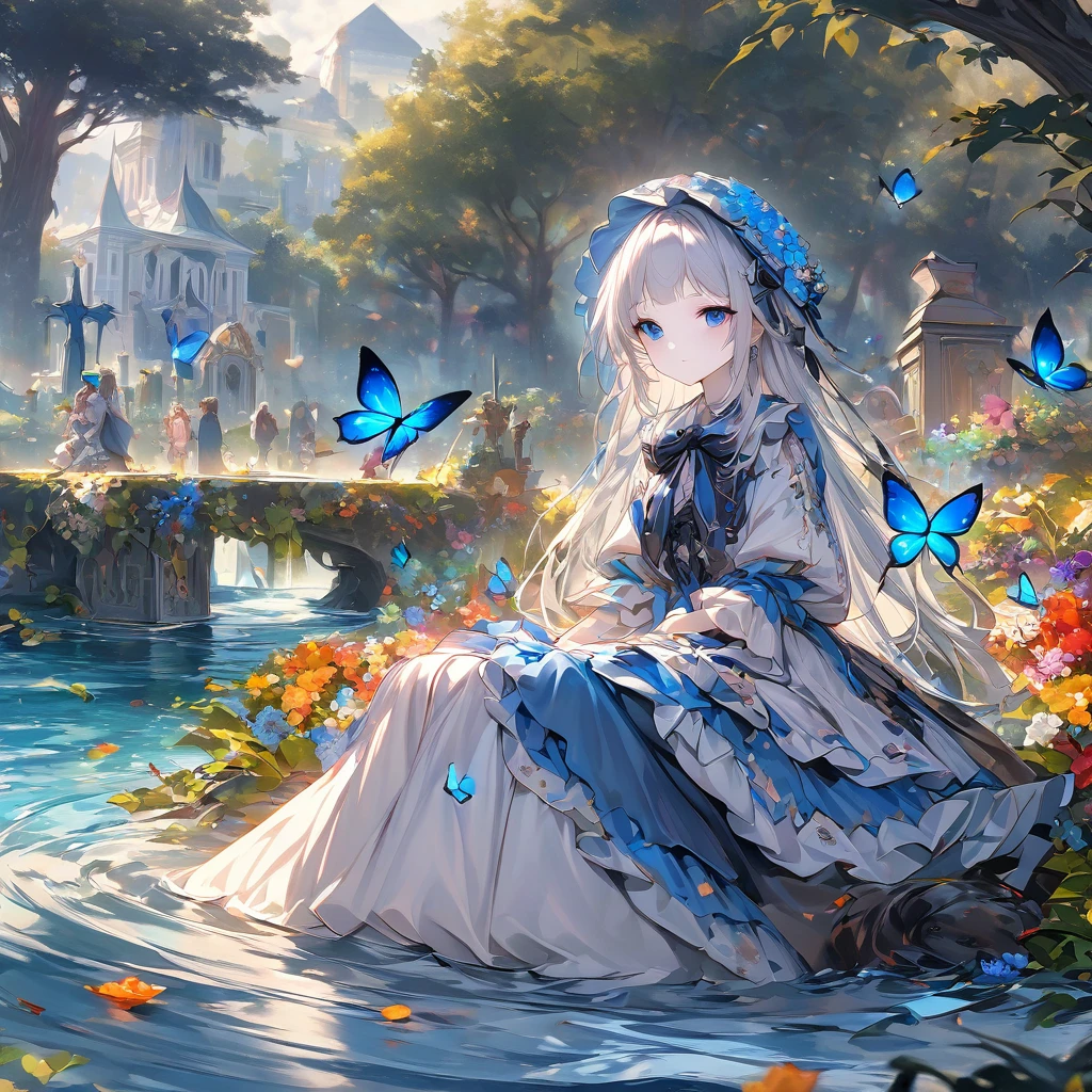 (masterpiece), (best quality), illustration, Extremely detailed, Human Development Report, Depth of Field, (rich and colorful), ,,This is a masterpiece that exudes exceptional quality. The illustration is ultra-detailed, Using HDR technology to create a sense of depth. The theme is original, Beautifully, 和Beautifully艺术品, Vivid colors，Full of fantasy elements. Girl sitting on the seashore, surrounded by running water, The background is a dark blue world tree, Located in the cemetery. The tranquil and dreamy atmosphere gives the whole scene a soulful and charming temperament. Her pale complexion, Blue eyes sparkling, And silver hair dotted with flowers，Create charming portraits. She is wearing Lolita style clothes, Poker face，Mouth tightly shut. Background ranges from white, transparent, Cycle Options, There are also translucent blue butterflies flying around，Adds vitality to the work.