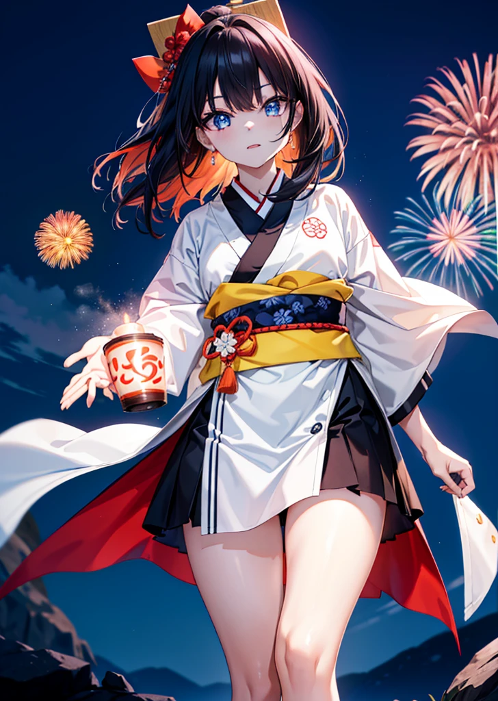 Takada Rokka, cheveux noirs, yeux bleus, cheveux longs, orange Chouchou, Chouchou, wrist Chouchou, bandeau simple,kimono blanc,Manches épaisses,des sandales,fête japonaise,stands du festival d&#39;été,Lanterne rouge,happy sourire, sourire, Ouvrez la bouche,feux d&#39;artifice,L&#39;endroit est un feu d&#39;artifice、le temps est la nuit,marche,tout le corpsがイラストに入るように,
casser outdoors, festival,
casser looking at viewer, tout le corps,(tir de cow-boy:1. 5),
casser (chef-d&#39;œuvre:1.2), la plus haute qualité, haute résolution, unité 8k fond d&#39;écran, (forme:0.8), (Des yeux fins et beaux:1.6), Visage très détaillé, éclairage parfait, CG très détaillé, (des mains parfaites, Anatomie parfaite),