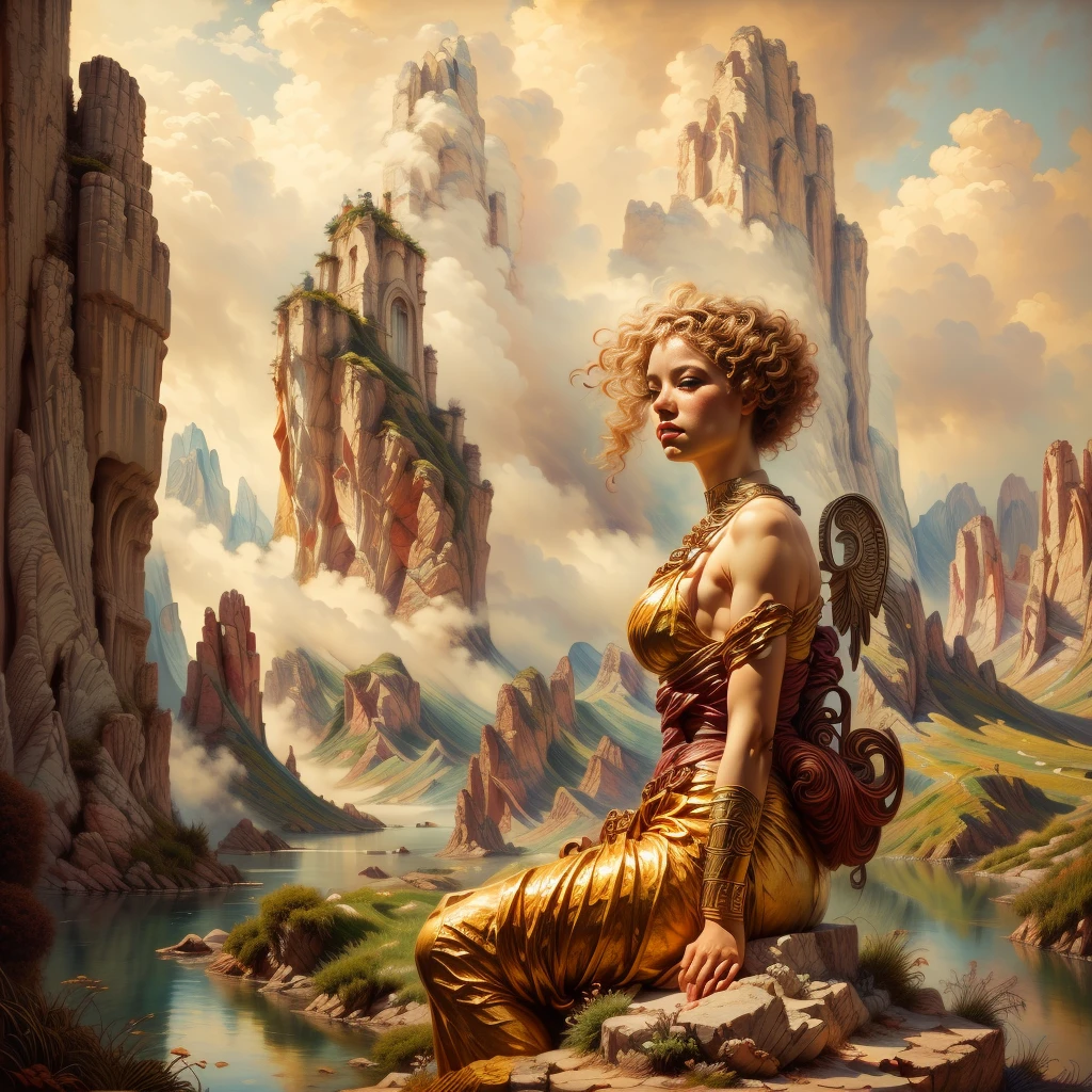 (Half-body statue:1.5),Highly detailed and beautiful angel,Delicate and detailed angel wings,Exquisite and detailed facial features,(Beautiful blonde curly hair:1.4),Highly detailed face and hair,Long eyelashes,Beautifully detailed eyes,Beautifully detailed lips,Flowing elegant dress,Glowing aura,Heavenly landscape,A stunning landscape of rolling hills, lush meadows, and a shimmering lake, (best quality,4k,8k,highres,masterpiece:1.2),ultra-detailed,(realistic,photorealistic,photo-realistic:1.37),HDR,UHD,studio lighting,ultra-fine painting,sharp focus,physically-based rendering,extreme detail description,professional,vivid colors,bokeh,landscape,serene,idyllic,golden hour lighting,dramatic sky,fluffy clouds,reflective lake,vibrant greens,wildflowers,ancient castle,medieval architecture