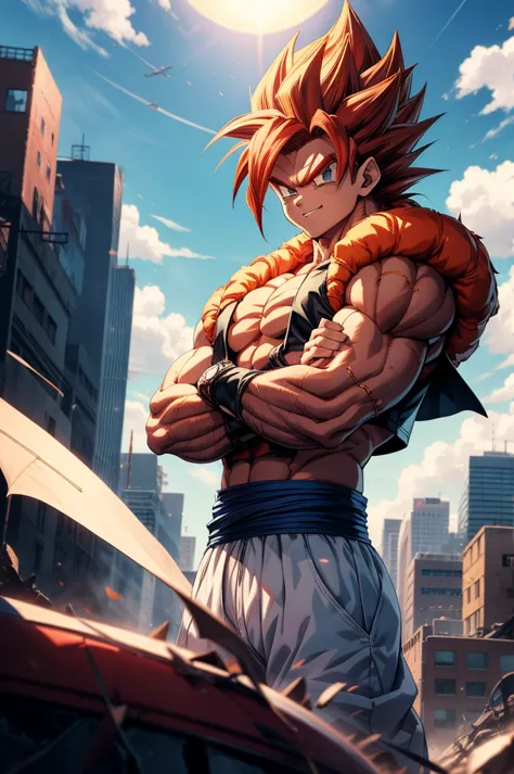 1boy, full body view, hovering in the air, gogeta, anime, high detailed, badass, (crossed arms), confident smile, muscular, (bod...