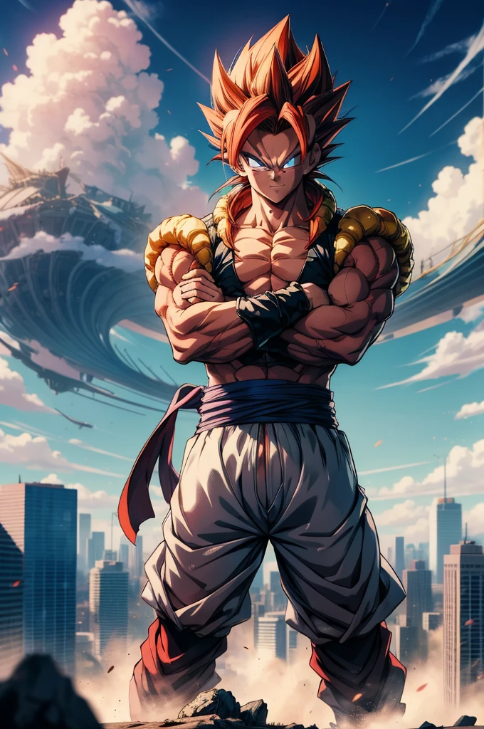 1boy, full body view, hovering in the air, gogeta, Anime, High Detailed, badass, (crossed arms), Confident Smile, muscular, (body_fur, red_fur:1.2), spiky hair, red hair, background: A destroyed city with a Beautiful blue sky with white clouds in back, anime style, add_detail:0,5, anime, akira toriyama, inspired by Akira Toriyama