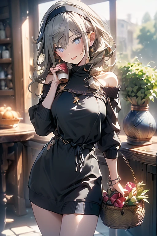 (perky chest:1.2), (pointed chest:1.2),(((Black Tunic:1.3))),(((cakes and bread in the basket),Cute and beautiful girl,Cute round face,Cute smile,with blush cheeks,Red Lip,solo, looking at viewer, open mouth, have a cute grass of cute beergrass,black hair, dark green eyes, dress, bare shoulders, jewelry, collarbone, sidelocks, hairband, earrings, indoors, off shoulder, sweater, arms behind back, plant, short hair with long locks, gild hairband, off-shoulder dress, sweater dress, off-shoulder sweater, black sweater, dark gord hair, big side hair, very long side hair,is rendered in (masterpiece: 1.2, best quality), with (ultra high resolution) and an exquisite (depth of field),(Bangs are see-through bangs),hair pin,hair adornments,detailed clothes features,Detailed hair features,detailed facial features,(Dynamic angles),(Dynamic and sexy poses),Cinematic Light,(masutepiece,top-quality,Ultra-high resolution) ,(The 8k quality,Anatomically accurate facial structure,),(Sea Art 2 Mode:1.3),(Image Mode Ultra HD) ,(Hold a coffee in your hand:1.3),delicate beautiful face, Bright blue eyes, cute eyes, sparkling eyes, Big eyes, (perky chest:1.1), (pointed chest:1.3), looking at viewer,
