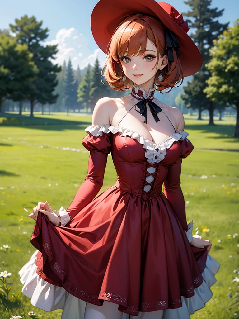 (solo), (red dress), (victorian dress), (smile), pale skin, (pale), outdoors, large breasts, happy, radiant glow, ((cowboy shot)), (holy aura), orange hair, ginger hair, bare shoulders, greenlands, open plains for background, big red hat