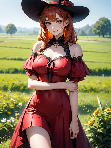 (solo), (red dress), (victorian dress), (smile), pale skin, (pale), outdoors, large breasts, happy, radiant glow, ((cowboy shot)...
