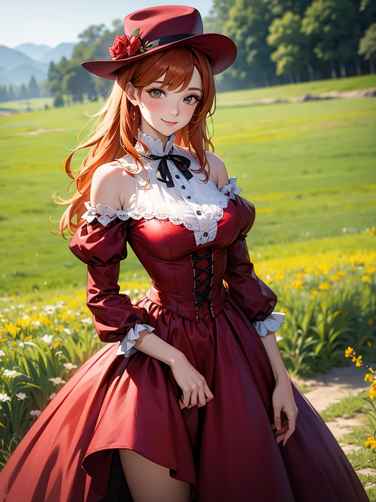 (solo), (red dress), (victorian dress), (smile), pale skin, (pale), outdoors, large breasts, happy, radiant glow, ((cowboy shot)), (holy aura), orange hair, ginger hair, bare shoulders, greenlands, open plains for background, big red hat