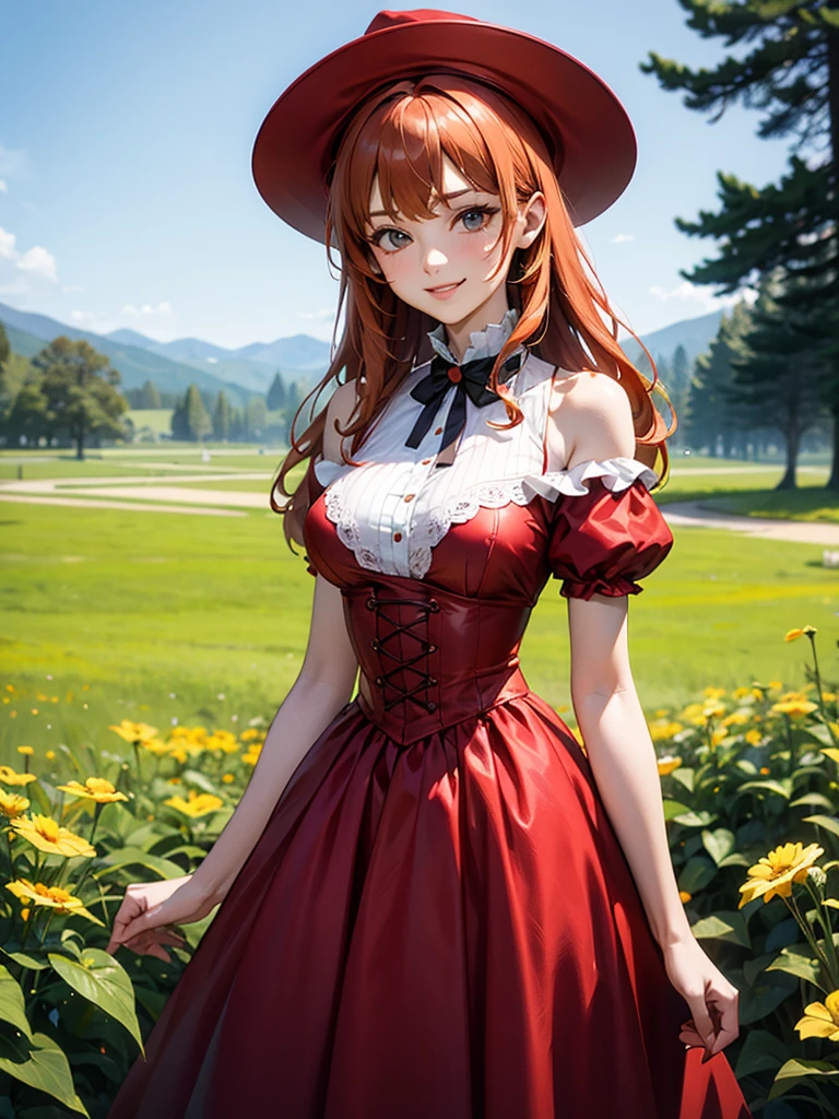 (solo), (red dress), (victorian dress), (smile), pale skin, (pale), outdoors, large breasts, happy, radiant glow, ((cowboy shot)), (holy aura), orange hair, ginger hair, bare shoulders, greenlands, open plains for background, big red hat