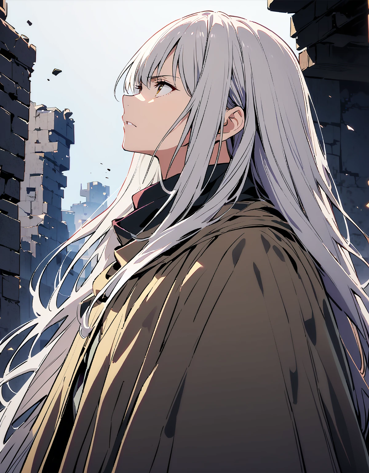 Highest quality、Very high quality、high resolution、Serious face,(Detailed face), (Fine grain),of long white hair, Gray-haired  流れるような髪と長い全身ローブ, (The moon behind him), Wearing a long haired cloak, 白いLong Hairの,  Gray-haired, Long Hair,(Looking up at the sky)profile,Background ruins