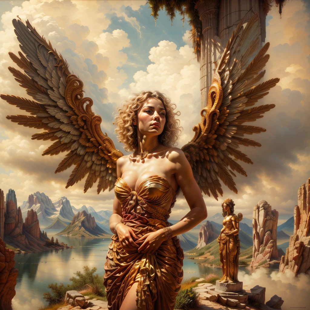 (Half-body statue:1.5),Highly detailed and beautiful angel,(Delicate and detailed angel wings:1.5),Exquisite and detailed facial features,(Beautiful blonde curly hair:1.4),Highly detailed face and hair,Long eyelashes,Beautifully detailed eyes,Beautifully detailed lips,Flowing elegant dress,Glowing aura,Heavenly landscape,A stunning landscape of rolling hills, lush meadows, and a shimmering lake, (best quality,4k,8k,highres,masterpiece:1.2),ultra-detailed,(realistic,photorealistic,photo-realistic:1.37),HDR,UHD,studio lighting,ultra-fine painting,sharp focus,physically-based rendering,extreme detail description,professional,vivid colors,bokeh,landscape,serene,idyllic,golden hour lighting,dramatic sky,fluffy clouds,reflective lake,vibrant greens,wildflowers,ancient castle,medieval architecture