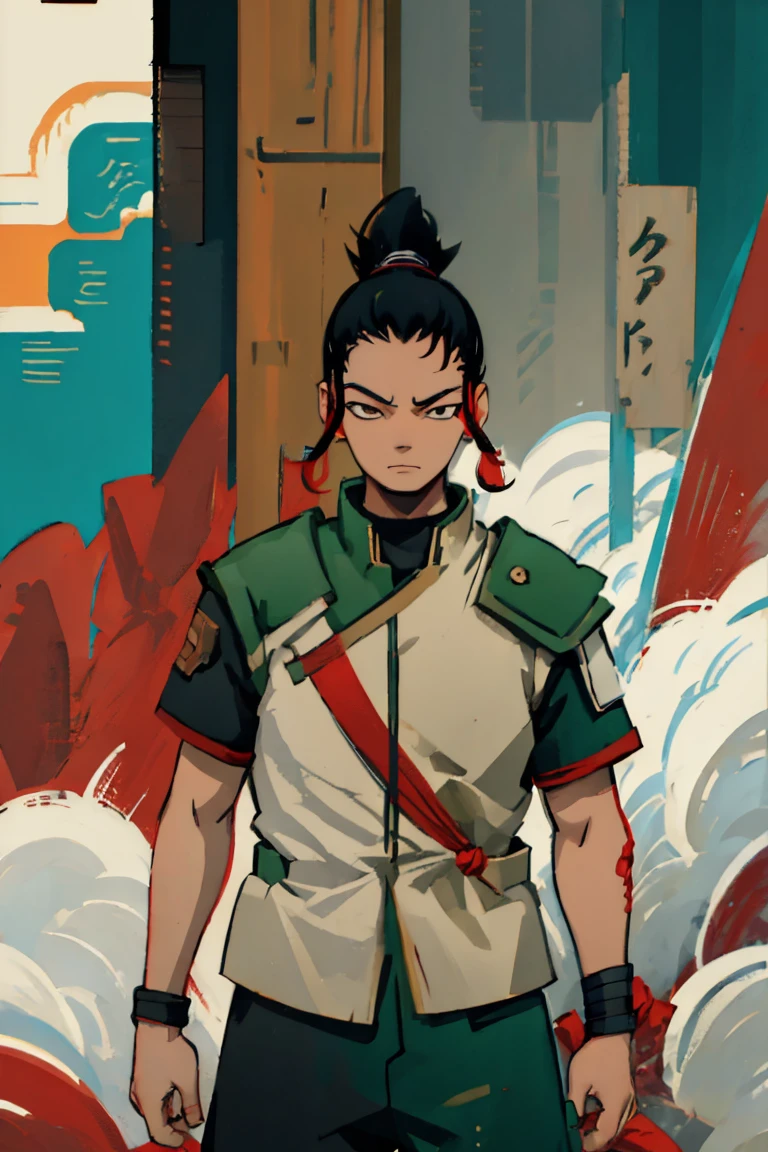 Shikamaru con ropa de samurái preferiblemente con colores como el rojo., detalles en blanco y negro, que tu peinado sea pelo recogido si es posible trenzas, deja que todo tenga un estilo scott peregrino animado en 2d