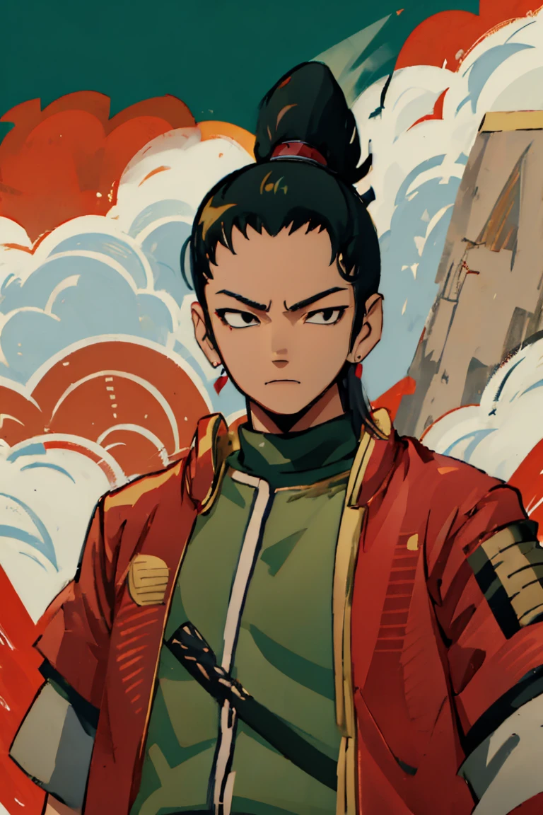 Shikamaru with a samurai clothing preferably with colors like red, black and white details, that your hairstyle be tied hair if possible braids, let everything have a 2d animated scott pilgrim style