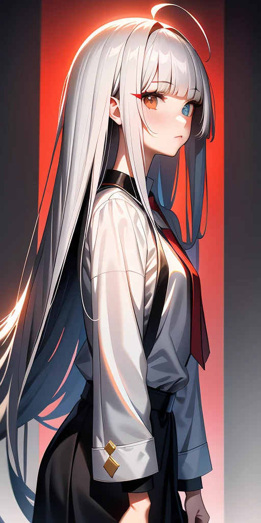 Anime girl with deep gray hair, glossy hair, long straight hair|detailed hair|long hair|blunt bangs|Long bold side bang|ahoge|long straight cutted hair,)))),Slender, beautiful hair,beautiful eyes, heterochromia , red right eye, gray left eye, in red tie, shy blush, pretty, small satchel, cyberpunk, hime hairstyle