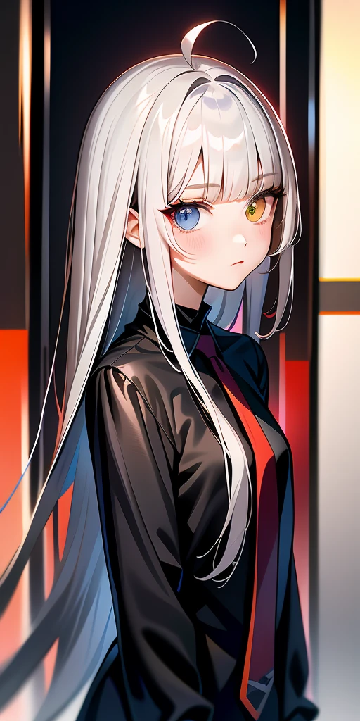 Anime girl with deep gray hair, glossy hair, long straight hair|detailed hair|long hair|blunt bangs|Long bold side bang|ahoge|long straight cutted hair,)))),Slender, beautiful hair,beautiful eyes, heterochromia , red right eye, gray left eye, in red tie, shy blush, pretty, small satchel, cyberpunk, hime hairstyle