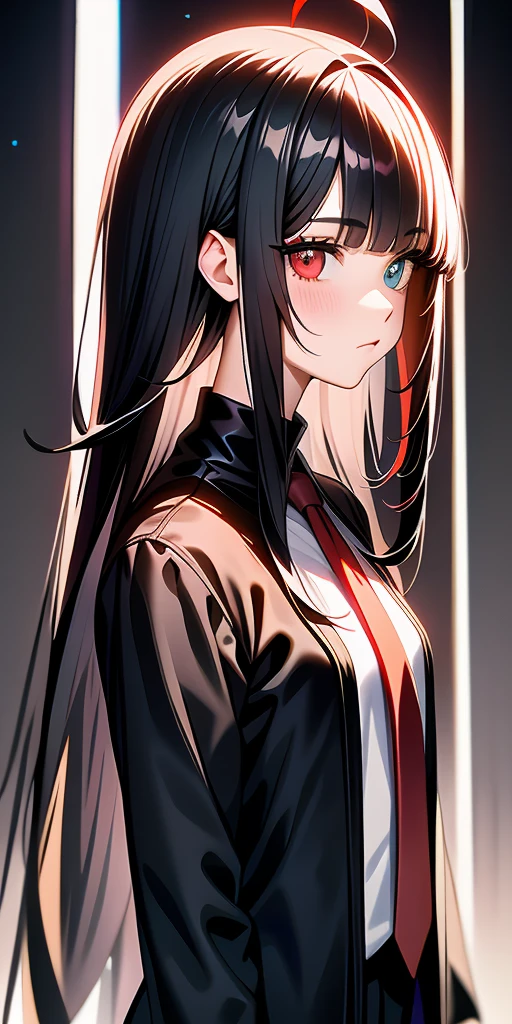 Anime girl with deep gray hair, glossy hair, long straight hair|detailed hair|long hair|blunt bangs|Long bold side bang|ahoge|long straight cutted hair,)))),Slender, beautiful hair,beautiful eyes, heterochromia , red right eye, gray left eye, in red tie, shy blush, pretty, small satchel, cyberpunk, hime hairstyle