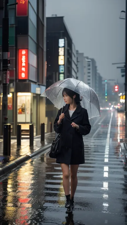 A young woman is walking in the rain with an umbrella、rain, in Tokyo, (masterpiece, highest quality, Very detailed, Ultra-high r...