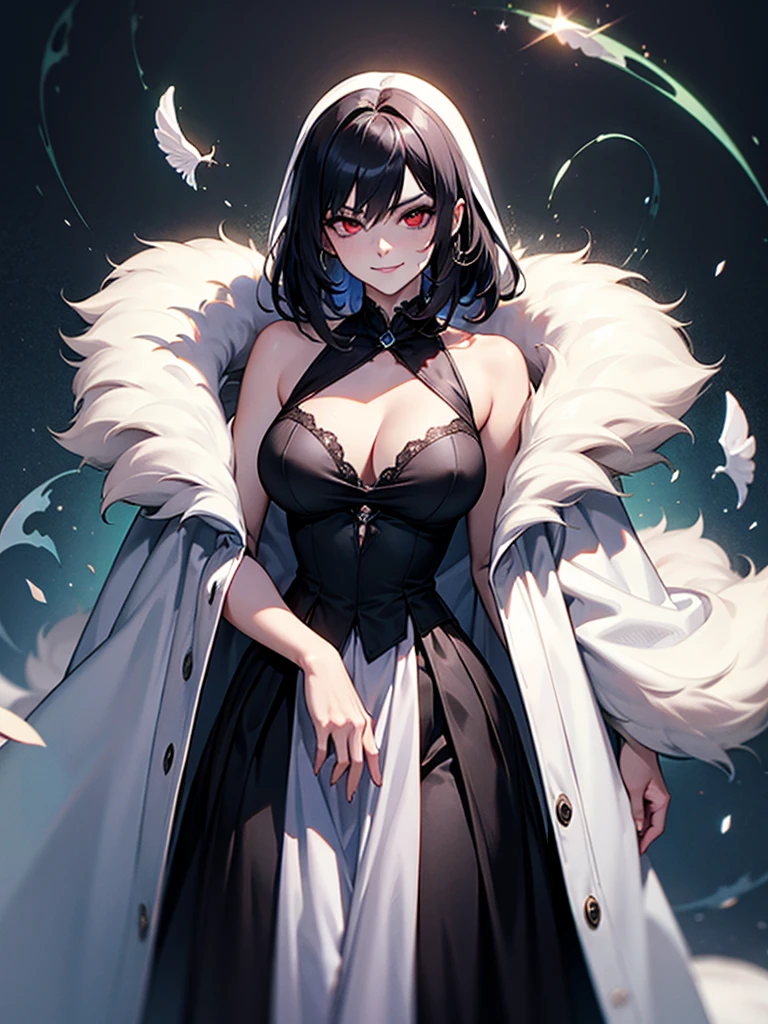 black hair, (solo), (black victorian dress), (smirk), red eyes, pale skin, (pale), ((dark aura)), ((fiendish aura)), (bloody swirl in foreground), indoors, large breasts, white fur coat, (white fur coat), ((dark energy aura))