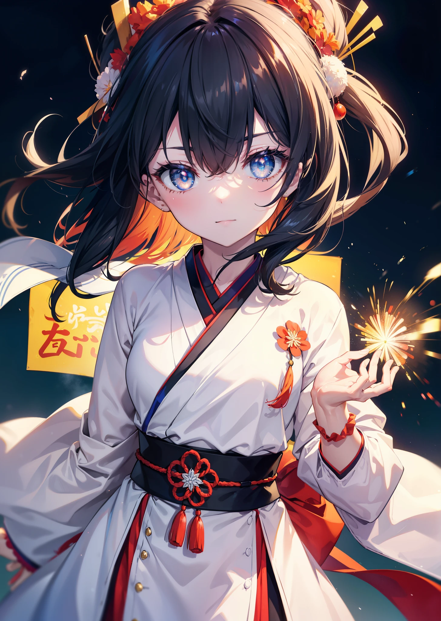 Takada Rokka, Black Hair, blue eyes, Long Hair, orange Scrunchie, Scrunchie, wrist Scrunchie, single hair band,White Kimono,Thick sleeves,Long skirt,日本のfestival,夏festivalの屋台,Red lantern,happy smile, smile, Open your mouth,Fireworks,The place is a fireworks display、Time is night,Walking,whole bodyがイラストに入るように,
break outdoors, festival,
break looking at viewer, whole body,(Cowboy Shot:1. 5),
break (masterpiece:1.2), Highest quality, High resolution, unity 8k wallpaper, (shape:0.8), (Fine and beautiful eyes:1.6), Highly detailed face, Perfect lighting, Highly detailed CG, (Perfect hands, Perfect Anatomy),