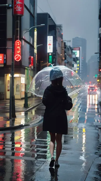 a young woman is walking in the rain with an umbrella、rain, in tokyo, (masterpiece, highest quality, very detailed, ultra-high r...