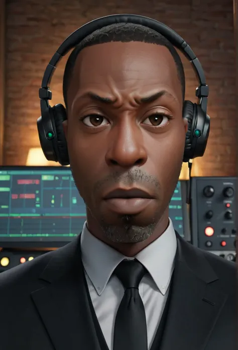 pixar animation of ,shawt, a black man,in a black suit ,facing the camera standing next to a recording console , focus face, hol...