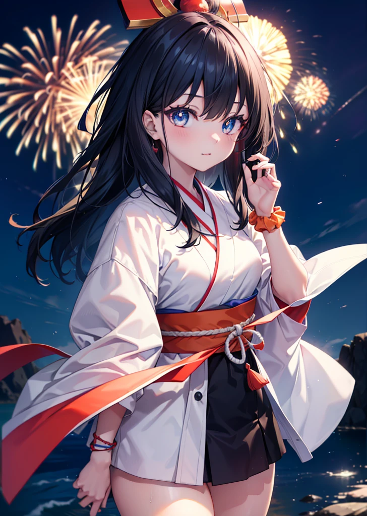 Takada Rokka, Black Hair, blue eyes, Long Hair, orange Scrunchie, Scrunchie, wrist Scrunchie, single hair band,White Kimono,Thick sleeves,日本のfestival,夏festivalの屋台,Red lantern,happy smile, smile, Open your mouth,Fireworks,The place is a fireworks display、Time is night,Walking,whole bodyがイラストに入るように,
break outdoors, festival,
break looking at viewer, whole body,(Cowboy Shot:1. 5),
break (masterpiece:1.2), Highest quality, High resolution, unity 8k wallpaper, (shape:0.8), (Fine and beautiful eyes:1.6), Highly detailed face, Perfect lighting, Highly detailed CG, (Perfect hands, Perfect Anatomy),