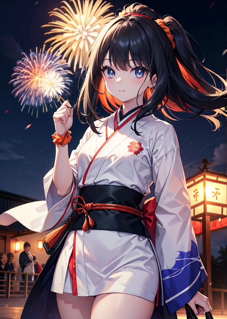 Takada Rokka, Black Hair, blue eyes, Long Hair, orange Scrunchie, Scrunchie, wrist Scrunchie, single hair band,White Kimono,Thick sleeves,日本のfestival,夏festivalの屋台,Red lantern,happy smile, smile, Open your mouth,Fireworks,The place is a fireworks display、Time is night,Walking,whole bodyがイラストに入るように,
break outdoors, festival,
break looking at viewer, whole body,(Cowboy Shot:1. 5),
break (masterpiece:1.2), Highest quality, High resolution, unity 8k wallpaper, (shape:0.8), (Fine and beautiful eyes:1.6), Highly detailed face, Perfect lighting, Highly detailed CG, (Perfect hands, Perfect Anatomy),