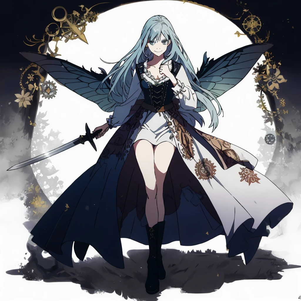  ((best quality)), ((masterpiece)), (detailed), 1girl, Character design, female, dynamic poses, ((long blue hair)), grey white eyes, very skinny, detailed, best quality, no accesoires around the neck, prominent collarbones, skinny arms, full body, blank white background, plain background, white background, ((red and white clothing)), Bloodborne inspired, occult aesthetic, occult, detailed and intricate steampunk and detailed gothic, Very dramatic and cinematic lighting, cosmic horror, grim-dark, side-lighting, perfect face,  Fluttering lace flared long knee length dress with frilly petticoats, knee length dress, pleated petticoats, petticoats gothic, complex lace boots, side-lighting, gothic aesthetic, wielding a mighty sword with mechanical components, mandalas, small breasts, a fairy, various different types of insect wings,full body, whole body, white holy clothes,white holy clothes,((evil smile)),(blue hair),she has a big sword in her hand,