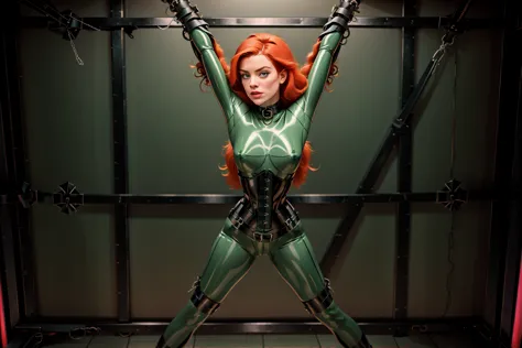 beautiful face,fullbody portrait, X-pose,chained to wall,tied to bondage X-cross,toxic green latex catsuit, long sleeves,o-ring ...