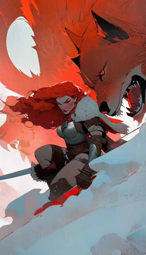 A fierce redhead warrior, Red Sonja, with her companion a huge giant wolf in a snowy landscape, blood stains on the pristine whi...