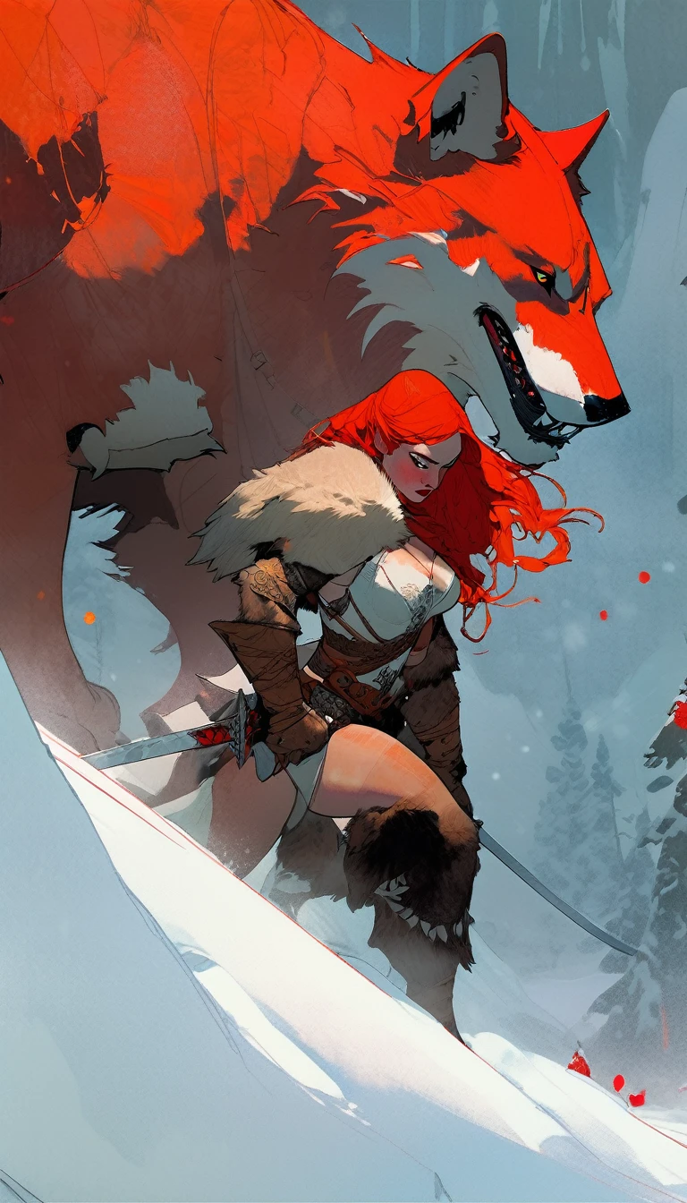 A fierce redhead warrior, Red Sonja, with her companion a huge giant wolf in a snowy landscape, blood stains on the pristine white snow , ultra detailed,,vivid colors,bokeh,portraits,concept art,dramatic lighting,cold tones,snow, ice, winter, art inspired by Bill Sienkiewicz
