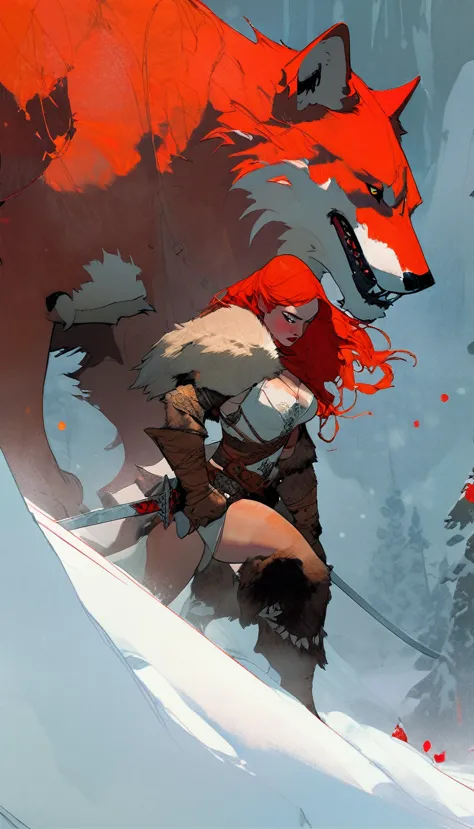 A fierce redhead warrior, Red Sonja, with her companion a huge giant wolf in a snowy landscape, blood stains on the pristine whi...
