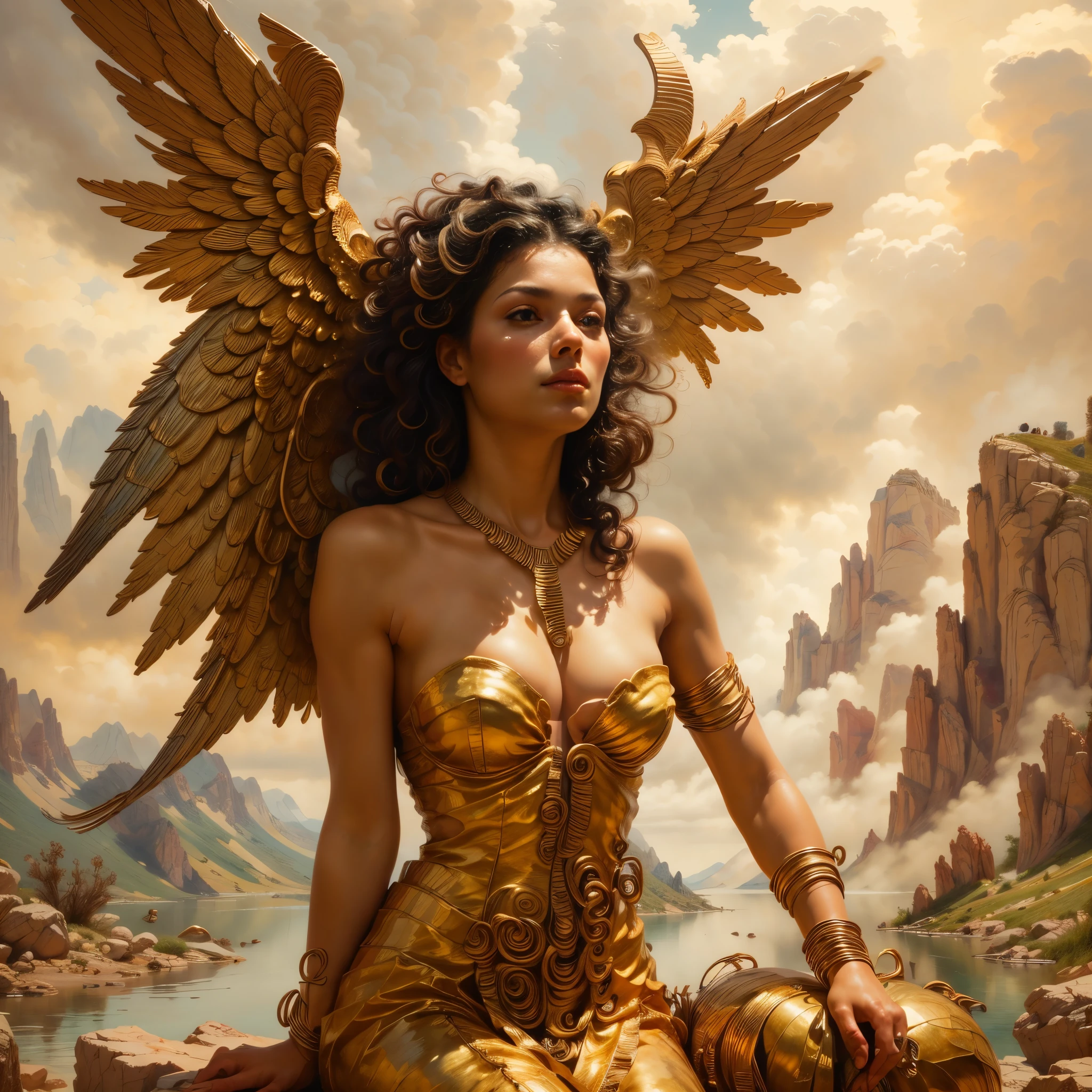 (Half-body statue:1.5),Highly detailed and beautiful angel,(Delicate and detailed angel wings:1.5),Exquisite and detailed facial features,(Beautiful blonde curly hair:1.4),Highly detailed face and hair,Long eyelashes,Beautifully detailed eyes,Beautifully detailed lips,Flowing elegant dress,Glowing aura,Heavenly landscape,A stunning landscape of rolling hills, lush meadows, and a shimmering lake, (best quality,4k,8k,highres,masterpiece:1.2),ultra-detailed,(realistic,photorealistic,photo-realistic:1.37),HDR,UHD,studio lighting,ultra-fine painting,sharp focus,physically-based rendering,extreme detail description,professional,vivid colors,bokeh,landscape,serene,idyllic,golden hour lighting,dramatic sky,fluffy clouds,reflective lake,vibrant greens,wildflowers,ancient castle,medieval architecture