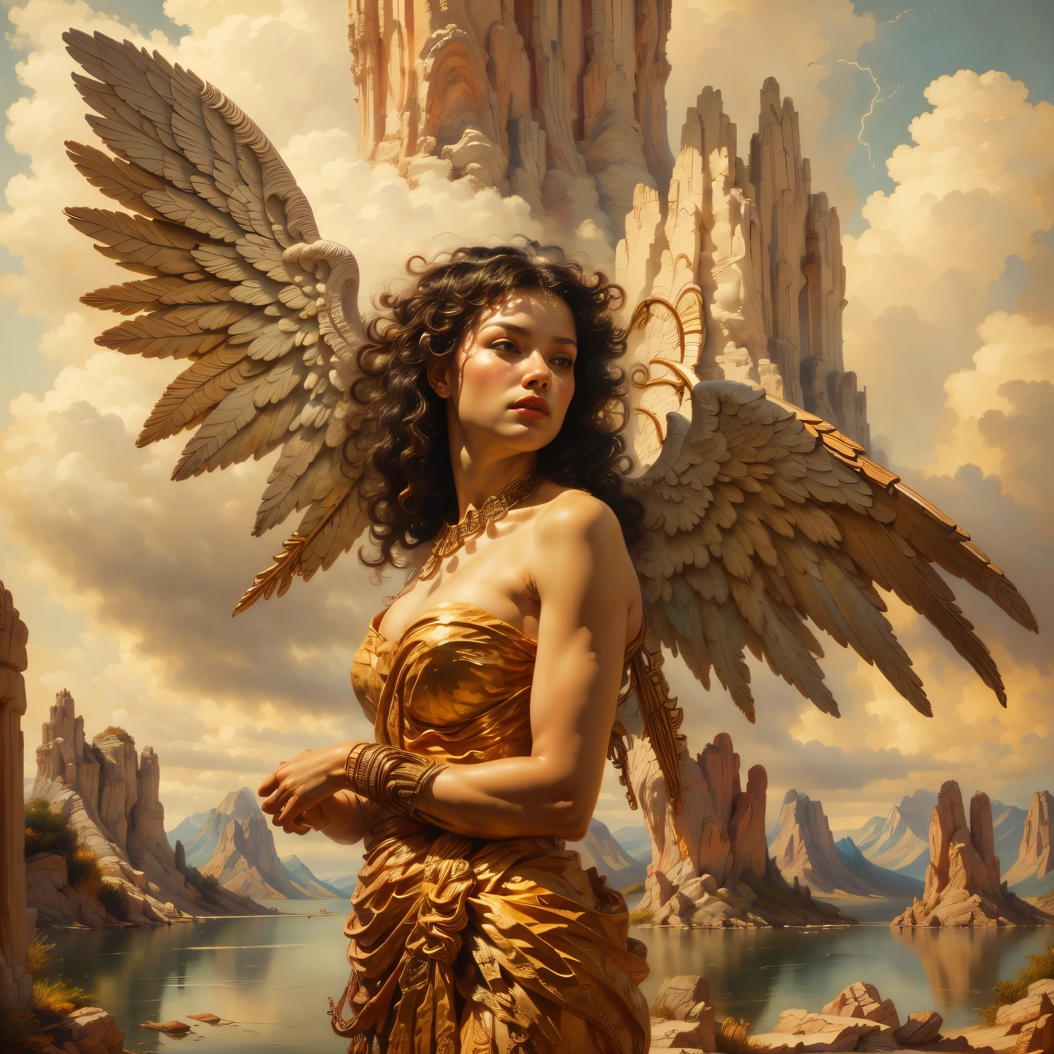 (Half-body statue:1.5),Highly detailed and beautiful angel,(Delicate and detailed angel wings:1.5),Exquisite and detailed facial features,(Beautiful blonde curly hair:1.4),Highly detailed face and hair,Long eyelashes,Beautifully detailed eyes,Beautifully detailed lips,Flowing elegant dress,Glowing aura,Heavenly landscape,A stunning landscape of rolling hills, lush meadows, and a shimmering lake, (best quality,4k,8k,highres,masterpiece:1.2),ultra-detailed,(realistic,photorealistic,photo-realistic:1.37),HDR,UHD,studio lighting,ultra-fine painting,sharp focus,physically-based rendering,extreme detail description,professional,vivid colors,bokeh,landscape,serene,idyllic,golden hour lighting,dramatic sky,fluffy clouds,reflective lake,vibrant greens,wildflowers,ancient castle,medieval architecture