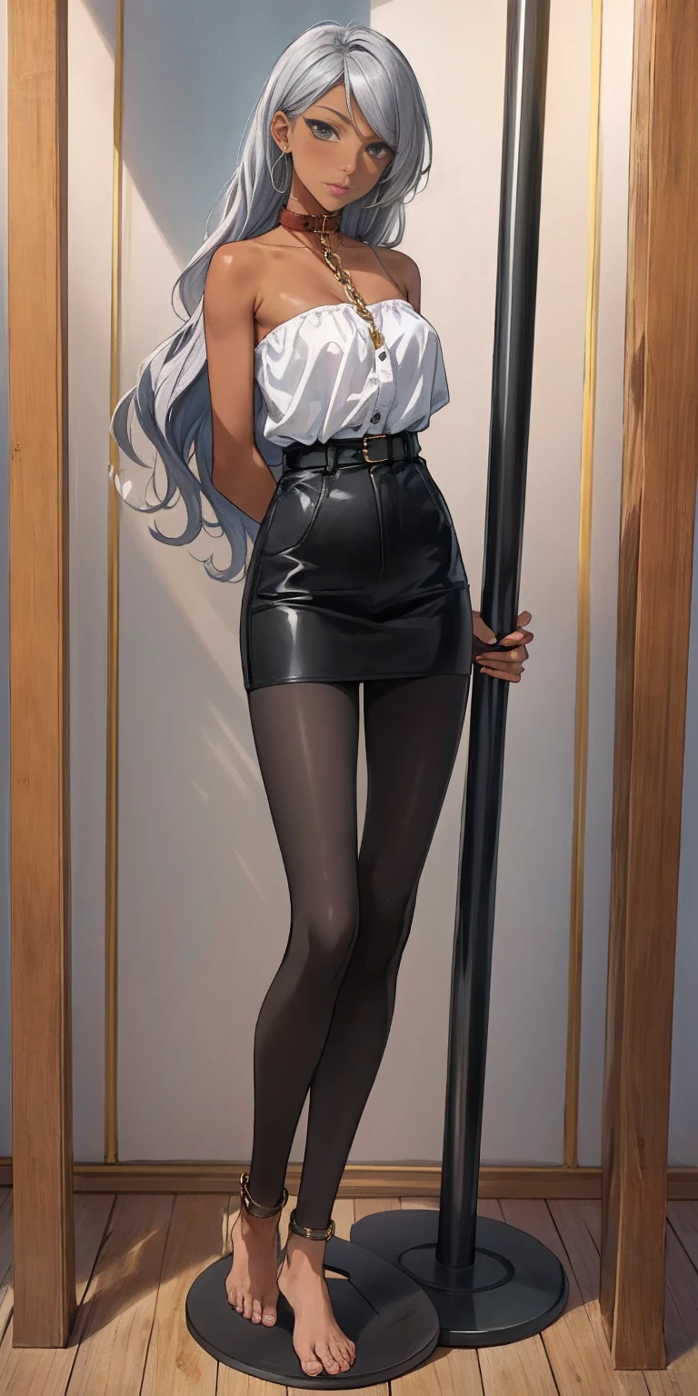 (Masterpiece, best quality, intricate details, 1sologirl) iron collar, arms behind back, iron cuffs, shackles, leather collar choker neck bell, bound ((standing by wooden pole:1.2)) ((female Black Dark skin Gyaru)) show entire body frontal position, feet in view, realistic, gorgeous 16y.o. darkest skinned mixed race female, black African, transparent black pantyhose, legs open, museum,barefoot no shoes, looking to viewer straight symmetrical, white silver long hair