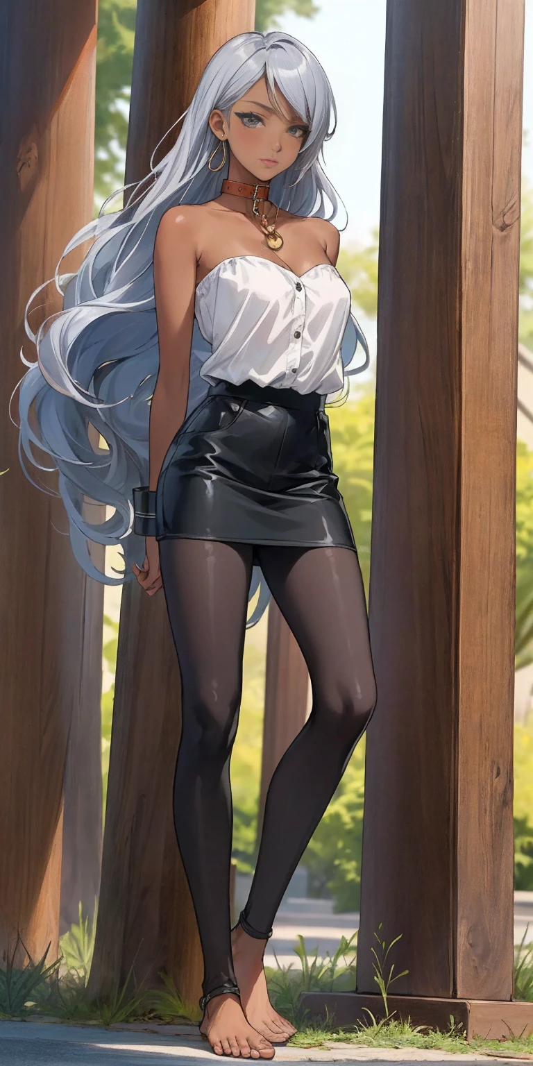 (Masterpiece, best quality, intricate details, 1sologirl) iron collar, arms behind back, iron cuffs, shackles, leather collar choker neck bell, bound ((standing by wooden pole:1.2)) ((female Black Dark skin Gyaru)) show entire body frontal position, feet in view, realistic, gorgeous 16y.o. darkest skinned mixed race female, black African, transparent black pantyhose, legs open, museum,barefoot no shoes, looking to viewer straight symmetrical, white silver long hair