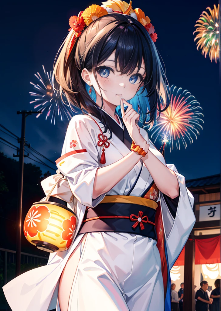 Takada Rokka, cheveux noirs, yeux bleus, cheveux longs, orange Chouchou, Chouchou, wrist Chouchou, bandeau simple,kimono blanc,Manches épaisses,Jupe longue,fête japonaise,stands du festival d&#39;été,Lanterne rouge,happy sourire, sourire, Ouvrez la bouche,feux d&#39;artifice,L&#39;endroit est un feu d&#39;artifice、le temps est la nuit,marche,Pour que tout le corps entre dans l&#39;illustration,
casser outdoors, festival,
casser looking at viewer,Haut du corps,(tir de cow-boy:1. 5),
casser (chef-d&#39;œuvre:1.2), la plus haute qualité, haute résolution, unité 8k fond d&#39;écran, (forme:0.8), (Des yeux fins et beaux:1.6), Visage très détaillé, éclairage parfait, CG très détaillé, (des mains parfaites, Anatomie parfaite),