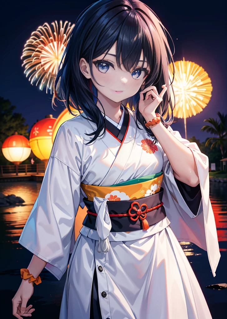 Takada Rokka, Black Hair, blue eyes, Long Hair, orange Scrunchie, Scrunchie, wrist Scrunchie, single hair band,White Kimono,Thick sleeves,Long skirt,日本のfestival,夏festivalの屋台,Red lantern,happy smile, smile, Open your mouth,Fireworks,The place is a fireworks display、Time is night,Walking,So that the whole body goes into the illustration,
break outdoors, festival,
break looking at viewer,Upper Body,(Cowboy Shot:1. 5),
break (masterpiece:1.2), Highest quality, High resolution, unity 8k wallpaper, (shape:0.8), (Fine and beautiful eyes:1.6), Highly detailed face, Perfect lighting, Highly detailed CG, (Perfect hands, Perfect Anatomy),