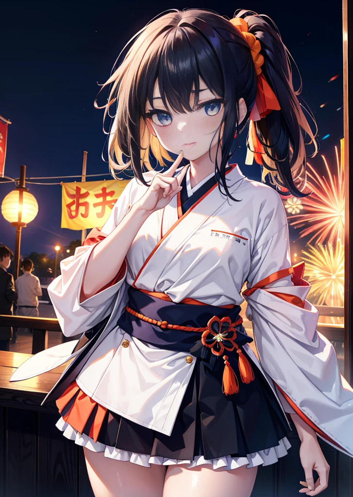 Takada Rokka, Black Hair, blue eyes, Long Hair, orange Scrunchie, Scrunchie, wrist Scrunchie, single hair band,White Kimono,Thick sleeves,Long skirt,日本のfestival,夏festivalの屋台,Red lantern,happy smile, smile, Open your mouth,Fireworks,The place is a fireworks display、Time is night,Walking,So that the whole body goes into the illustration,
break outdoors, festival,
break looking at viewer,Upper Body,(Cowboy Shot:1. 5),
break (masterpiece:1.2), Highest quality, High resolution, unity 8k wallpaper, (shape:0.8), (Fine and beautiful eyes:1.6), Highly detailed face, Perfect lighting, Highly detailed CG, (Perfect hands, Perfect Anatomy),