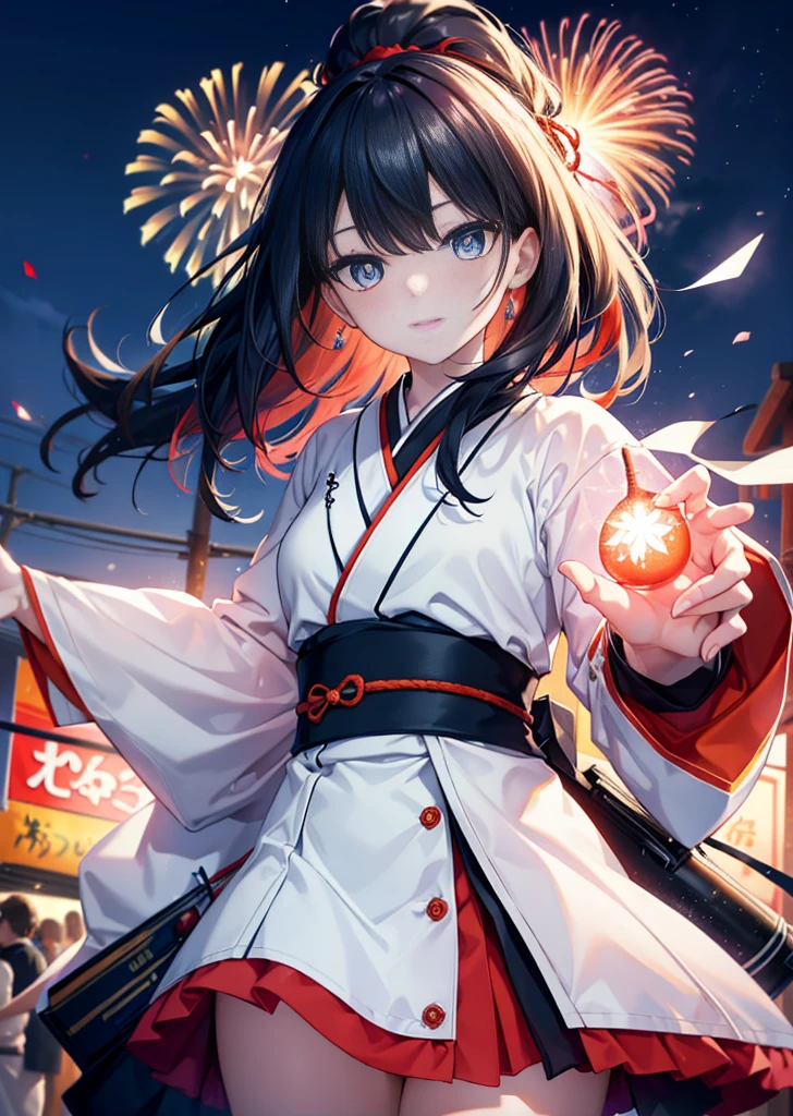 Takada Rokka, Black Hair, blue eyes, Long Hair, orange Scrunchie, Scrunchie, wrist Scrunchie, single hair band,White Kimono,Thick sleeves,Long skirt,日本のfestival,夏festivalの屋台,Red lantern,happy smile, smile, Open your mouth,Fireworks,The place is a fireworks display、Time is night,Walking,So that the whole body goes into the illustration,
break outdoors, festival,
break looking at viewer,Upper Body,(Cowboy Shot:1. 5),
break (masterpiece:1.2), Highest quality, High resolution, unity 8k wallpaper, (shape:0.8), (Fine and beautiful eyes:1.6), Highly detailed face, Perfect lighting, Highly detailed CG, (Perfect hands, Perfect Anatomy),