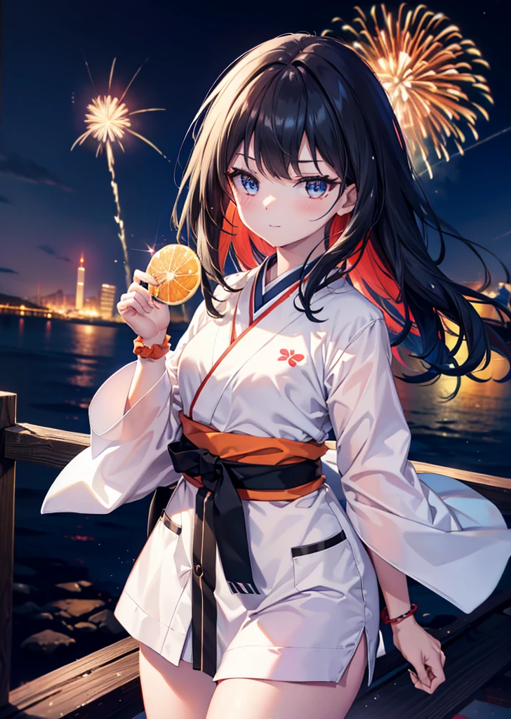 Takada Rokka, Black Hair, blue eyes, Long Hair, orange Scrunchie, Scrunchie, wrist Scrunchie, single hair band,White Kimono,Thick sleeves,Long skirt,日本のfestival,夏festivalの屋台,Red lantern,happy smile, smile, Open your mouth,Fireworks,The place is a fireworks display、Time is night,Walking,So that the whole body goes into the illustration,
break outdoors, festival,
break looking at viewer,Upper Body,(Cowboy Shot:1. 5),
break (masterpiece:1.2), Highest quality, High resolution, unity 8k wallpaper, (shape:0.8), (Fine and beautiful eyes:1.6), Highly detailed face, Perfect lighting, Highly detailed CG, (Perfect hands, Perfect Anatomy),