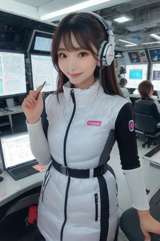 masterpiece, Highest quality, Very detailed, 8K Portrait,Japanese Android Girl,plump , Control panel,Robotic arms and legs, Blunt bangs,,break (Metallic Gray, Metallic luster, Mirror finish, Astro Best):5,headphone:5,break (Black sleeves):100,Smart Watches,Futuristic space station,Control Room,break headphone,blue eyes,(Black Hair):2,(Long Hair):1.3,Displaying the viewer,(respirator),break blush:3,Hidden Hand,smile