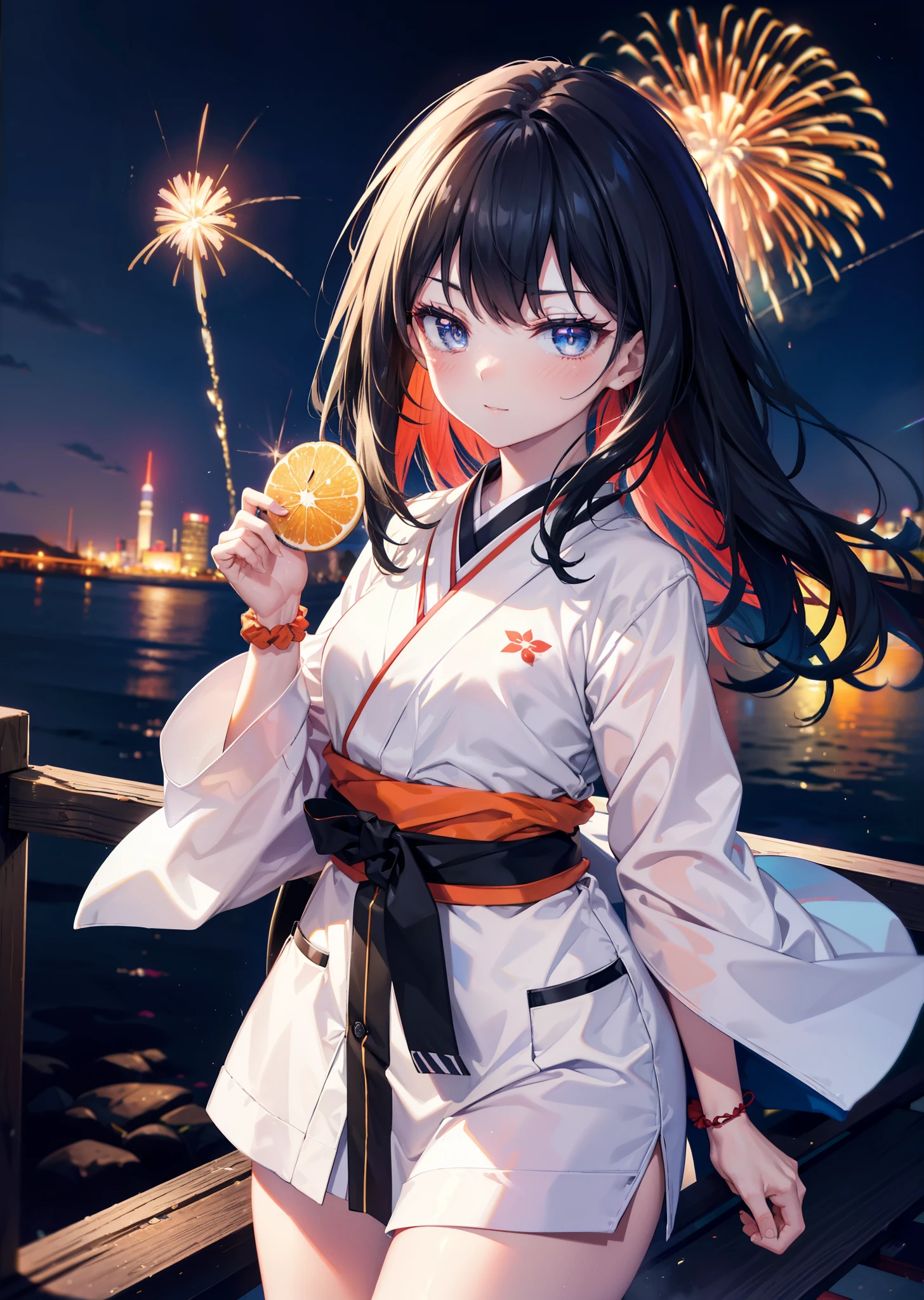 Takada Rokka, Black Hair, blue eyes, Long Hair, orange Scrunchie, Scrunchie, wrist Scrunchie, single hair band,White Kimono,Thick sleeves,Long skirt,日本のfestival,夏festivalの屋台,Red lantern,happy smile, smile, Open your mouth,Fireworks,The place is a fireworks display、Time is night,Walking,So that the whole body goes into the illustration,
break outdoors, festival,
break looking at viewer,Upper Body,(Cowboy Shot:1. 5),
break (masterpiece:1.2), Highest quality, High resolution, unity 8k wallpaper, (shape:0.8), (Fine and beautiful eyes:1.6), Highly detailed face, Perfect lighting, Highly detailed CG, (Perfect hands, Perfect Anatomy),