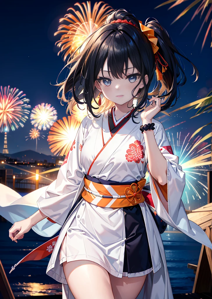 Takada Rokka, Black Hair, blue eyes, Long Hair, orange Scrunchie, Scrunchie, wrist Scrunchie, single hair band,White Kimono,Thick sleeves,Long skirt,日本のfestival,夏festivalの屋台,Red lantern,happy smile, smile, Open your mouth,Fireworks,The place is a fireworks display、Time is night,Walking,So that the whole body goes into the illustration,
break outdoors, festival,
break looking at viewer,Upper Body,(Cowboy Shot:1. 5),
break (masterpiece:1.2), Highest quality, High resolution, unity 8k wallpaper, (shape:0.8), (Fine and beautiful eyes:1.6), Highly detailed face, Perfect lighting, Highly detailed CG, (Perfect hands, Perfect Anatomy),