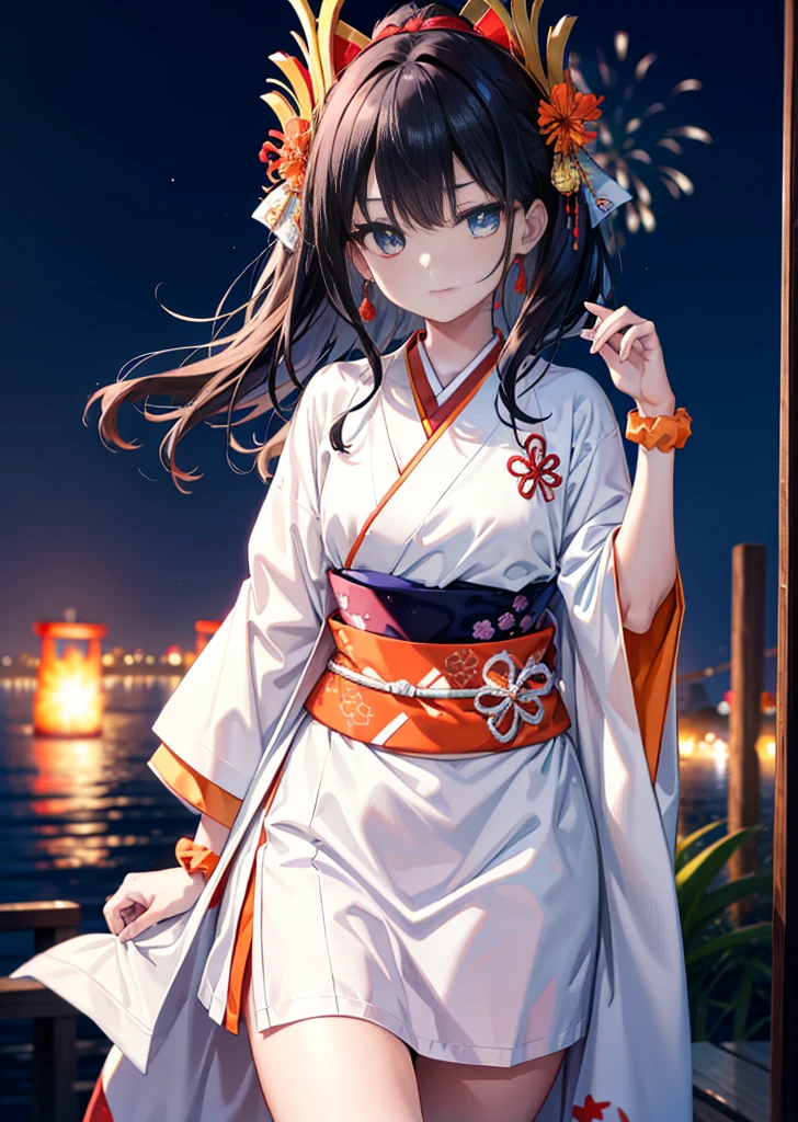 Takada Rokka, Black Hair, blue eyes, Long Hair, orange Scrunchie, Scrunchie, wrist Scrunchie, single hair band,White Kimono,Thick sleeves,Long skirt,日本のfestival,夏festivalの屋台,Red lantern,happy smile, smile, Open your mouth,Fireworks,The place is a fireworks display、Time is night,Walking,So that the whole body goes into the illustration,
break outdoors, festival,
break looking at viewer,Upper Body,(Cowboy Shot:1. 5),
break (masterpiece:1.2), Highest quality, High resolution, unity 8k wallpaper, (shape:0.8), (Fine and beautiful eyes:1.6), Highly detailed face, Perfect lighting, Highly detailed CG, (Perfect hands, Perfect Anatomy),