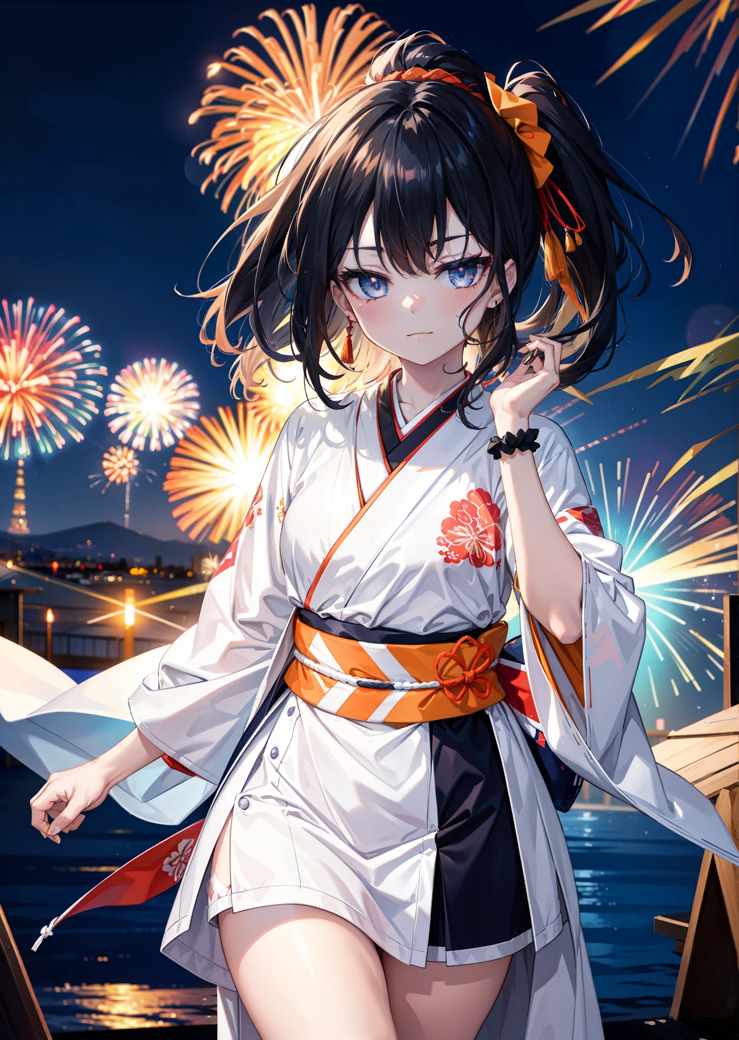 Takada Rokka, Black Hair, blue eyes, Long Hair, orange Scrunchie, Scrunchie, wrist Scrunchie, single hair band,White Kimono,Thick sleeves,Long skirt,日本のfestival,夏festivalの屋台,Red lantern,happy smile, smile, Open your mouth,Fireworks,The place is a fireworks display、Time is night,Walking,So that the whole body goes into the illustration,
break outdoors, festival,
break looking at viewer,Upper Body,(Cowboy Shot:1. 5),
break (masterpiece:1.2), Highest quality, High resolution, unity 8k wallpaper, (shape:0.8), (Fine and beautiful eyes:1.6), Highly detailed face, Perfect lighting, Highly detailed CG, (Perfect hands, Perfect Anatomy),