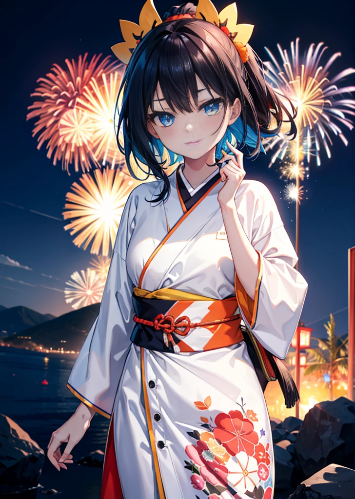 Takada Rokka, Black Hair, blue eyes, Long Hair, orange Scrunchie, Scrunchie, wrist Scrunchie, single hair band,White Kimono,Thick sleeves,日本のfestival,夏festivalの屋台,Red lantern,happy smile, smile, Open your mouth,Fireworks,The place is a fireworks display、Time is night,Walking,So that the whole body goes into the illustration,
break outdoors, festival,
break looking at viewer,Upper Body,(Cowboy Shot:1. 5),
break (masterpiece:1.2), Highest quality, High resolution, unity 8k wallpaper, (shape:0.8), (Fine and beautiful eyes:1.6), Highly detailed face, Perfect lighting, Highly detailed CG, (Perfect hands, Perfect Anatomy),