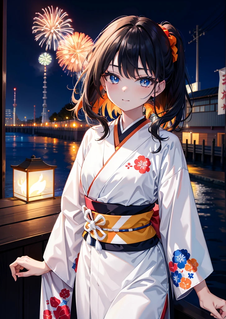 Takada Rokka, Black Hair, blue eyes, Long Hair, orange Scrunchie, Scrunchie, wrist Scrunchie, single hair band,White Kimono,Thick sleeves,日本のfestival,夏festivalの屋台,Red lantern,happy smile, smile, Open your mouth,Fireworks,The place is a fireworks display、Time is night,Walking,So that the whole body goes into the illustration,
break outdoors, festival,
break looking at viewer,Upper Body,(Cowboy Shot:1. 5),
break (masterpiece:1.2), Highest quality, High resolution, unity 8k wallpaper, (shape:0.8), (Fine and beautiful eyes:1.6), Highly detailed face, Perfect lighting, Highly detailed CG, (Perfect hands, Perfect Anatomy),