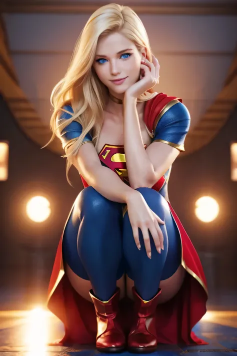 Supergirl, perfect costume, olhos azuis brilhantes, extremely brilliant blue eyes, linda mulher, extremely blond hair, red cape,...