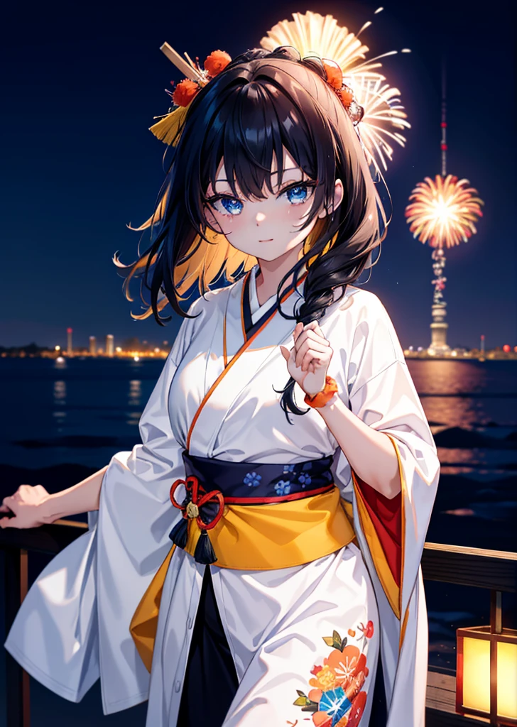 Takada Rokka, Black Hair, blue eyes, Long Hair, orange Scrunchie, Scrunchie, wrist Scrunchie, single hair band,White Kimono,Thick sleeves,日本のfestival,夏festivalの屋台,Red lantern,happy smile, smile, Open your mouth,Fireworks,The place is a fireworks display、Time is night,Walking,So that the whole body goes into the illustration,
break outdoors, festival,
break looking at viewer,Upper Body,(Cowboy Shot:1. 5),
break (masterpiece:1.2), Highest quality, High resolution, unity 8k wallpaper, (shape:0.8), (Fine and beautiful eyes:1.6), Highly detailed face, Perfect lighting, Highly detailed CG, (Perfect hands, Perfect Anatomy),