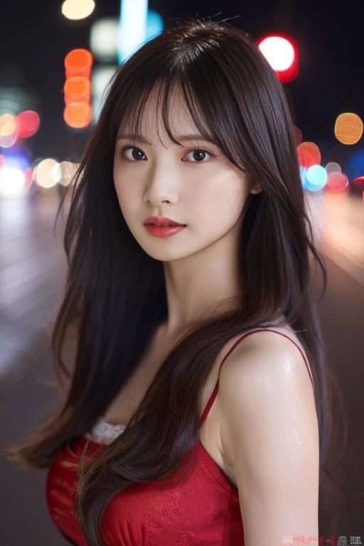 Highest quality。８K-Picture。Ultra-high resolution。The background is a night city。With a girl。Long Hair、Slightly wavy,,,,,,,,,,,,,,,,,,,,,,,,,,,,,,,,,,,,,,,,,,,,,,,,,,,。The color is dark brown。Glamour Style、((Big Breasts：1.8))。Wearing a red dress、Gorgeous Dance Photos。Overall delicate finish。Beautiful body lines。Long legs、Wear red high heels。((Her hair shines in the street。The eyeball reflects the surrounding scenery。My skin is wet with night dew))。Almost the perfect woman。((time々Upper body close-up))。The second highlighted part々I want a close-up shot。