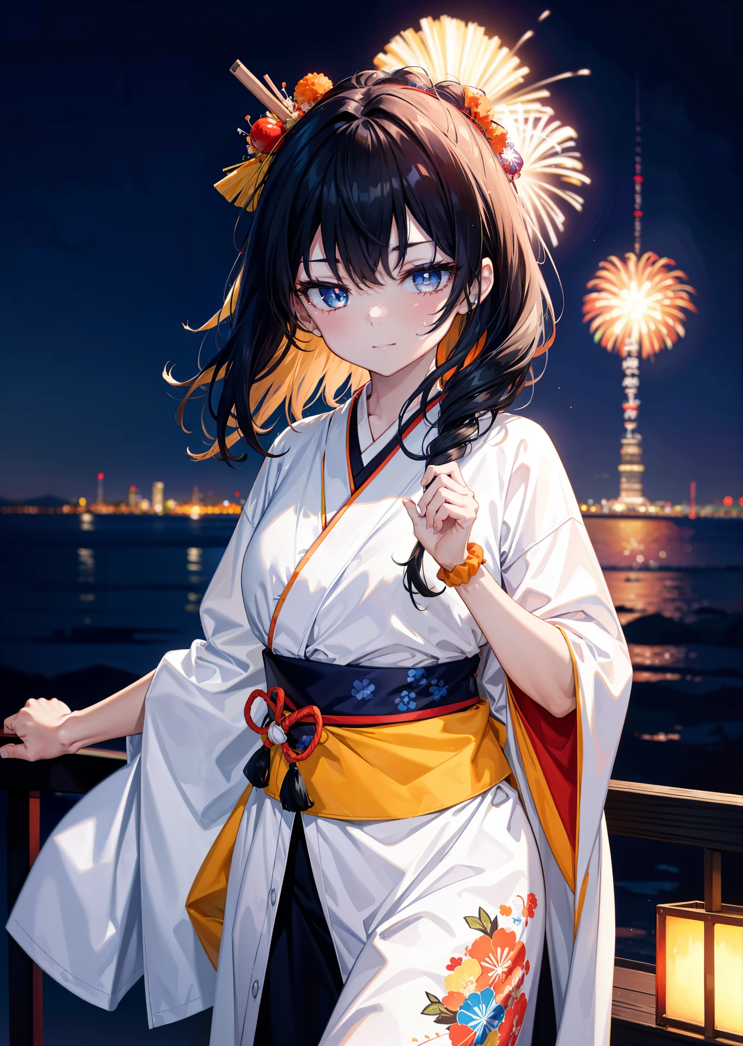 Takada Rokka, Black Hair, blue eyes, Long Hair, orange Scrunchie, Scrunchie, wrist Scrunchie, single hair band,White Kimono,Thick sleeves,日本のfestival,夏festivalの屋台,Red lantern,happy smile, smile, Open your mouth,Fireworks,The place is a fireworks display、Time is night,Walking,So that the whole body goes into the illustration,
break outdoors, festival,
break looking at viewer,Upper Body,(Cowboy Shot:1. 5),
break (masterpiece:1.2), Highest quality, High resolution, unity 8k wallpaper, (shape:0.8), (Fine and beautiful eyes:1.6), Highly detailed face, Perfect lighting, Highly detailed CG, (Perfect hands, Perfect Anatomy),