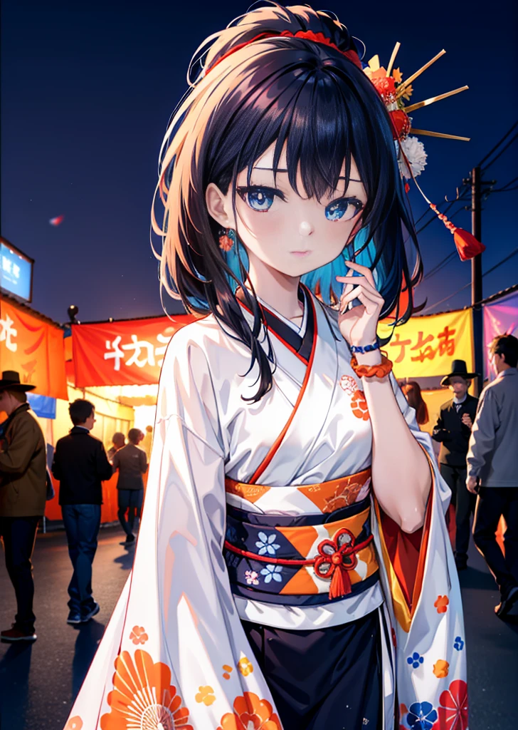 Takada Rokka, Black Hair, blue eyes, Long Hair, orange Scrunchie, Scrunchie, wrist Scrunchie, single hair band,White Kimono,Thick sleeves,日本のfestival,夏festivalの屋台,Red lantern,happy smile, smile, Open your mouth,Fireworks,The place is a fireworks display、Time is night,Walking,So that the whole body goes into the illustration,
break outdoors, festival,
break looking at viewer,Upper Body,(Cowboy Shot:1. 5),
break (masterpiece:1.2), Highest quality, High resolution, unity 8k wallpaper, (shape:0.8), (Fine and beautiful eyes:1.6), Highly detailed face, Perfect lighting, Highly detailed CG, (Perfect hands, Perfect Anatomy),